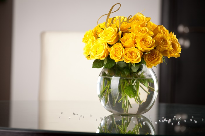 Yellow Roses in a Glass Vase with "Love" Topper