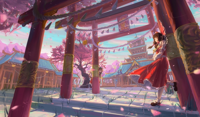 Reimu Hakurei from Touhou under a Torii gate
