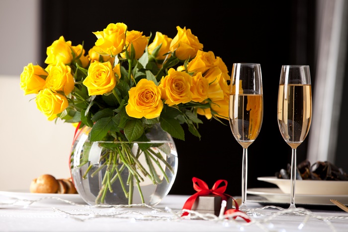Yellow Roses in Vase with Champagne and Gift