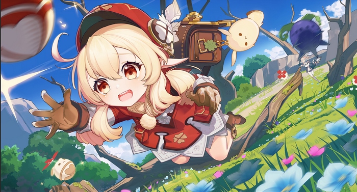 Klee from Genshin Impact jumping in a field