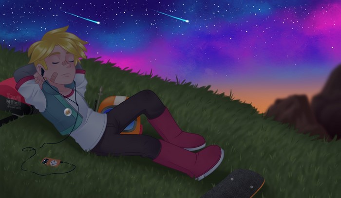 Gary Goodspeed from Final Space lying on grass listening to music