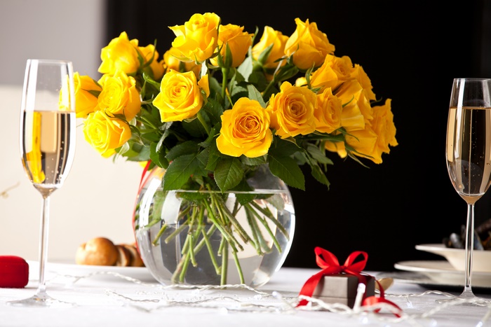 Yellow Roses in Vase with Champagne and Gift