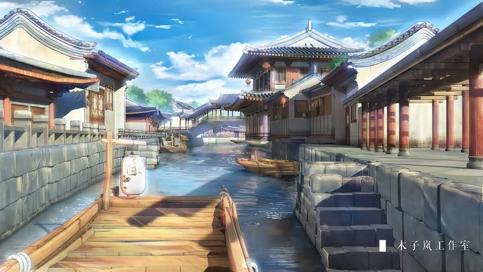 Anime style traditional Chinese canal town with boats