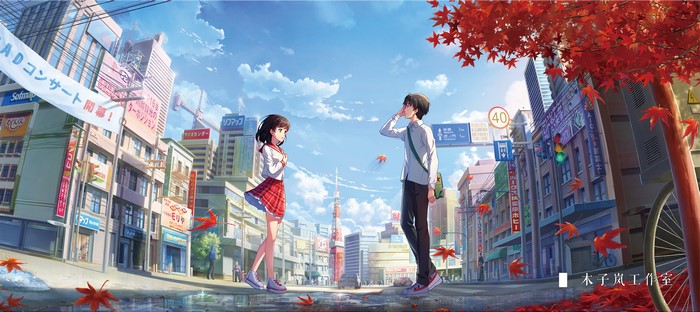 Anime couple in a city with falling leaves