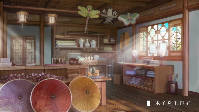 Traditional Chinese workshop with umbrellas and kites