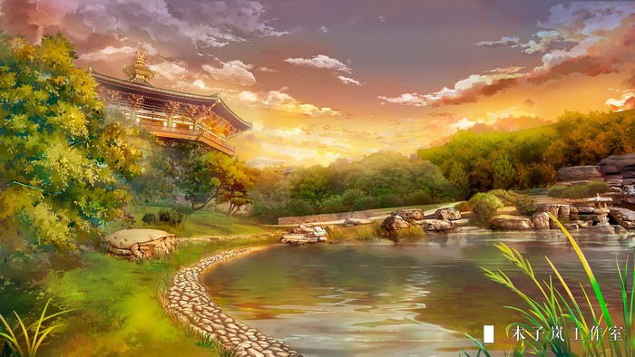 Japanese Temple by a Lake at Sunset