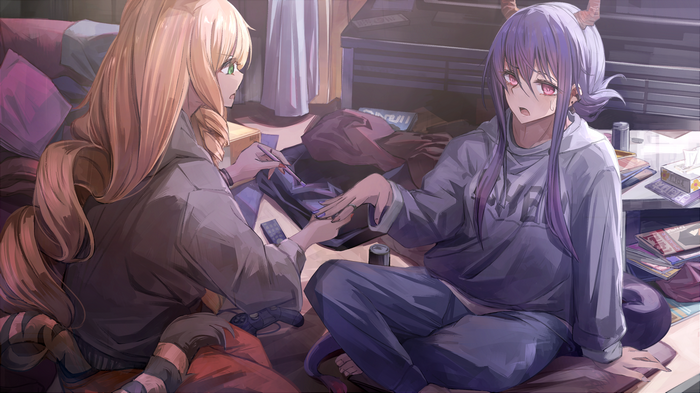 Two girls doing nails in a room