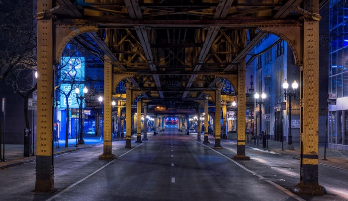 Chicago Loop elevated train tracks at night