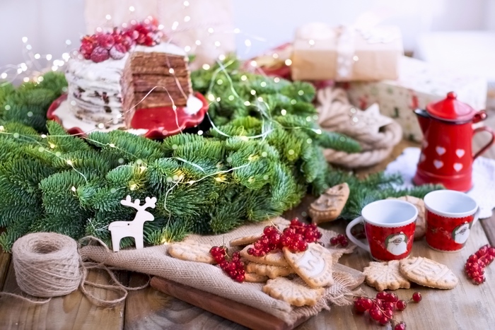 Christmas cake, cookies, and coffee with decorations