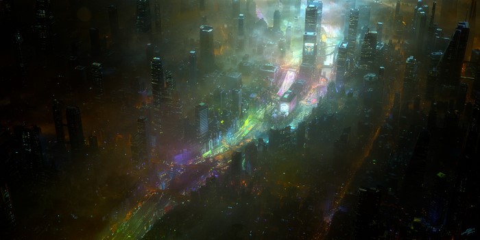 Futuristic city skyline with neon lights