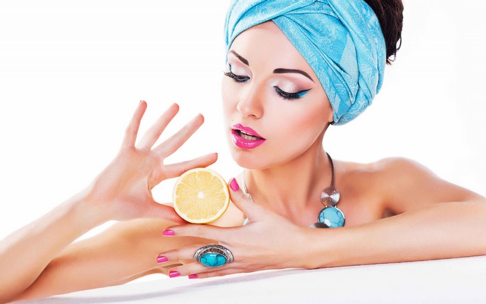 Model with Blue Headwrap and Lemon Slice