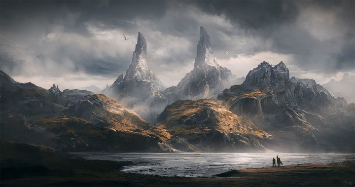 Twin Peaks mountain landscape with two figures