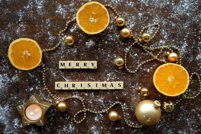 Merry Christmas with Oranges and Ornaments