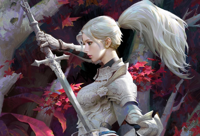 Fantasy Woman Warrior in Armor with Sword