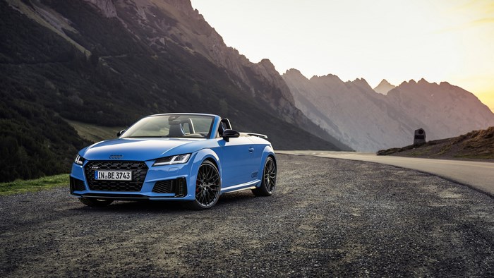 Blue Audi TT RS Competition Plus Cabriolet on Mountain Road