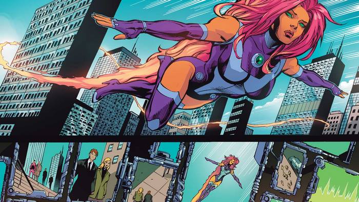 Starfire from DC Comics flying over a city