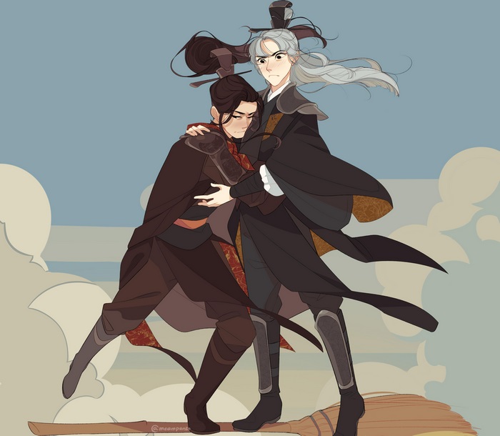 Two men from Tian Guan Ci Fu on a broomstick