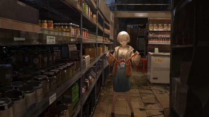 Girl with Short Hair holding a Lobster
