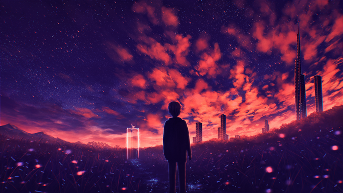 Person standing in a field with a surreal sky and city