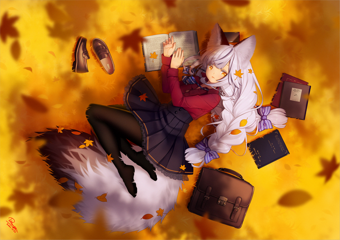 Girl with White Hair and Animal Ears Lying Down