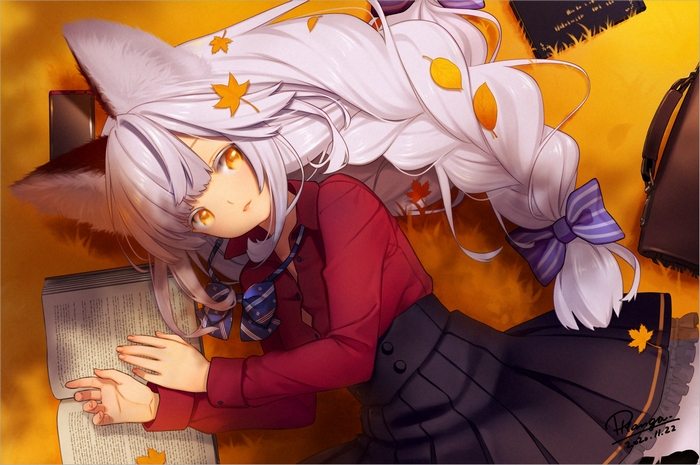 Anime girl with white hair and fox ears reading a book