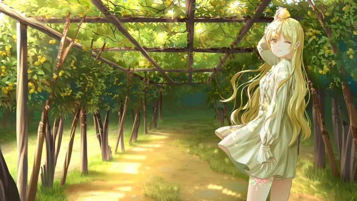 Anime girl with blonde hair in a lemon grove