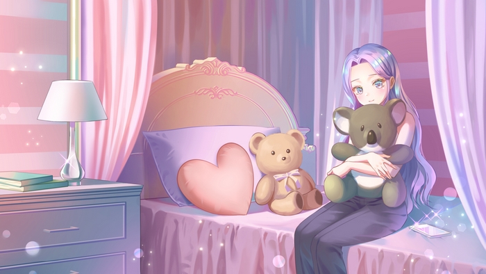 Girl with long hair holding a koala plushie in a bedroom