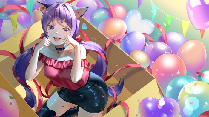 Cat girl with purple hair and eyes in a box with balloons