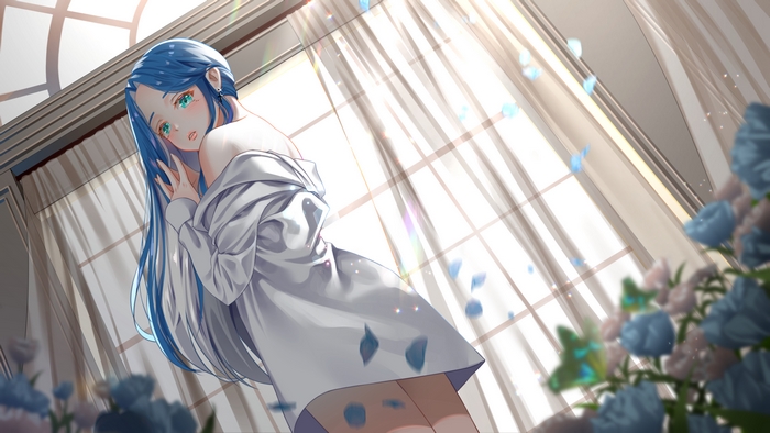 Girl with blue hair and aqua eyes by the window