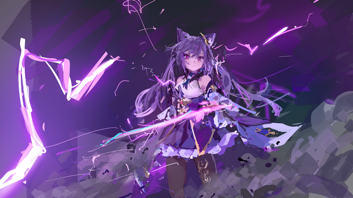 Keqing from Genshin Impact with purple lightning