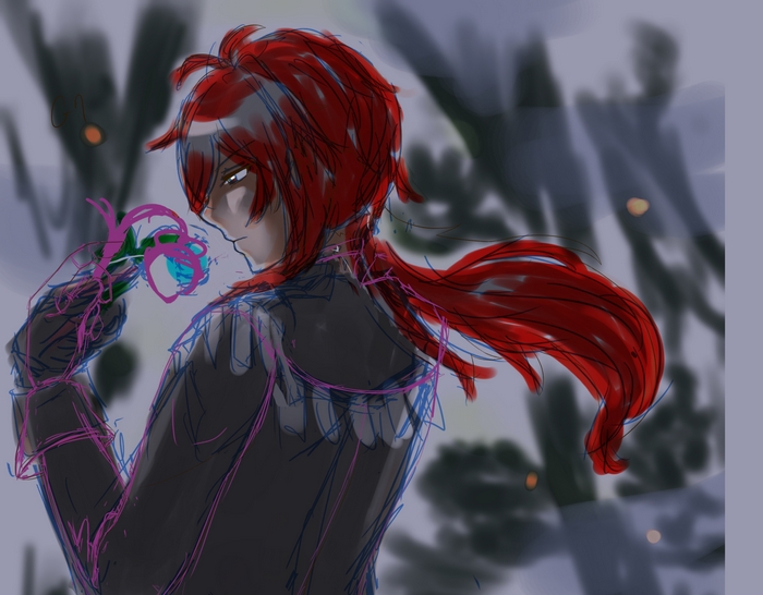 Diluc from Genshin Impact holding a rose