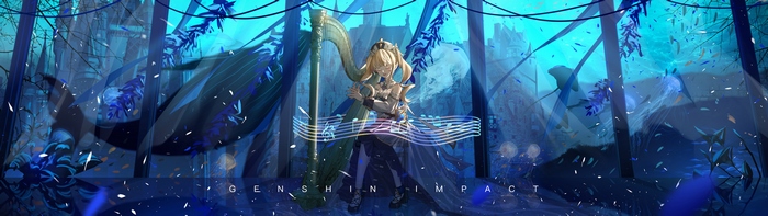 Barbara playing harp in Genshin Impact