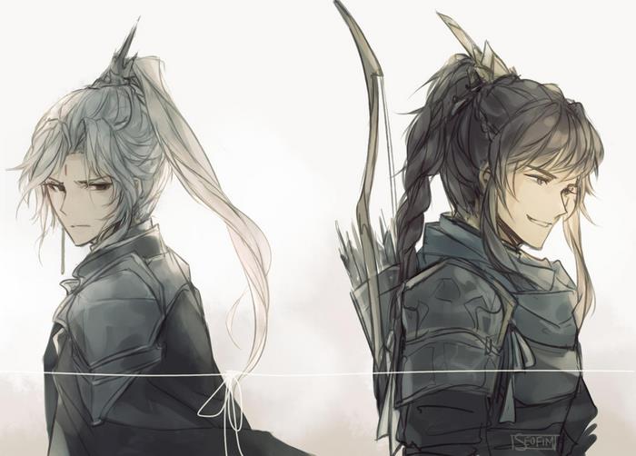 Two men in armor with bows and arrows