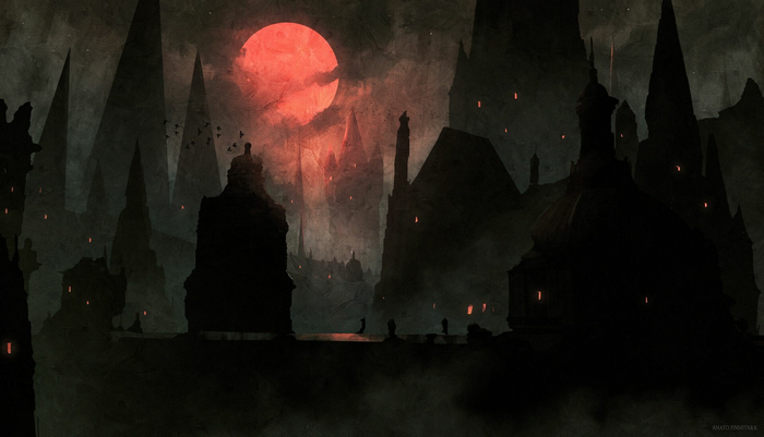 Dark Cityscape Under a Blood Moon