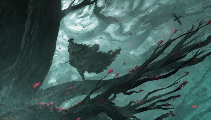 Hunter from Bloodborne in a dark forest