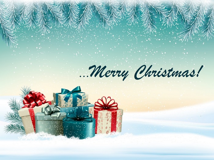 Merry Christmas gifts with snow and pine branches