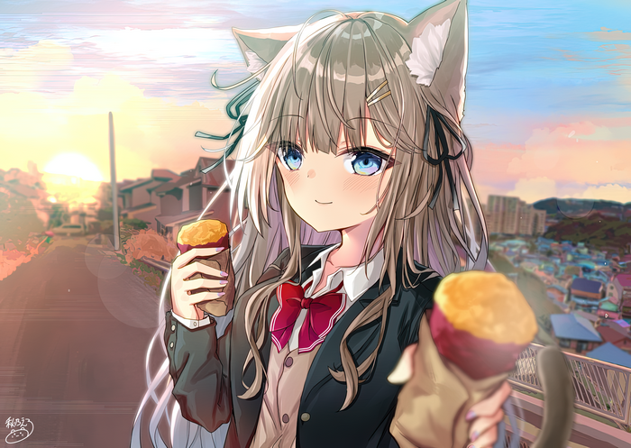 Anime girl with cat ears eating sweet potato