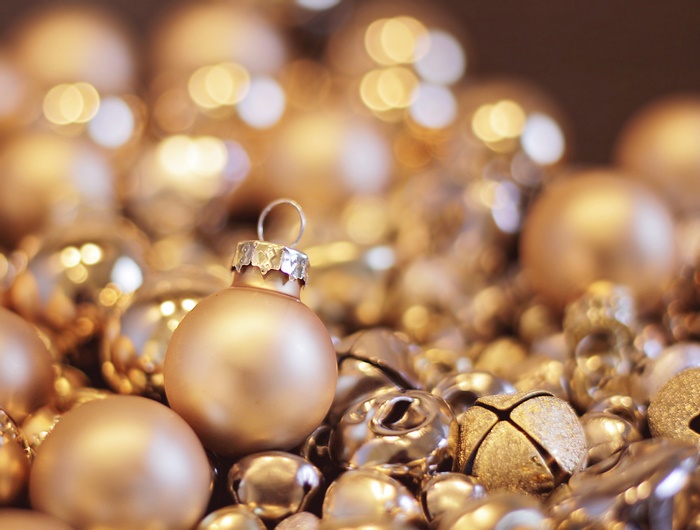 Golden Christmas Ornaments with Bokeh Lights