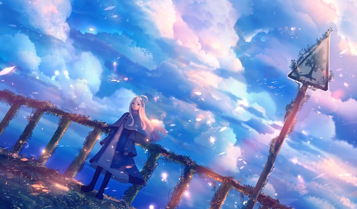 Anime girl with white hair in a blue dress under a cloudy sky