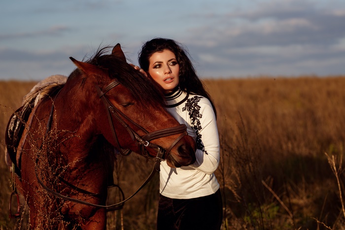 Woman with Black Hair and Horse