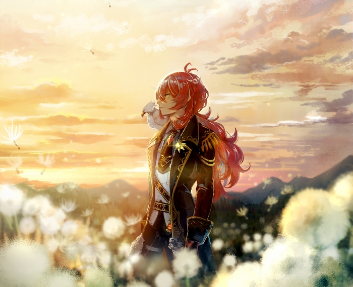 Diluc from Genshin Impact in a field of dandelions