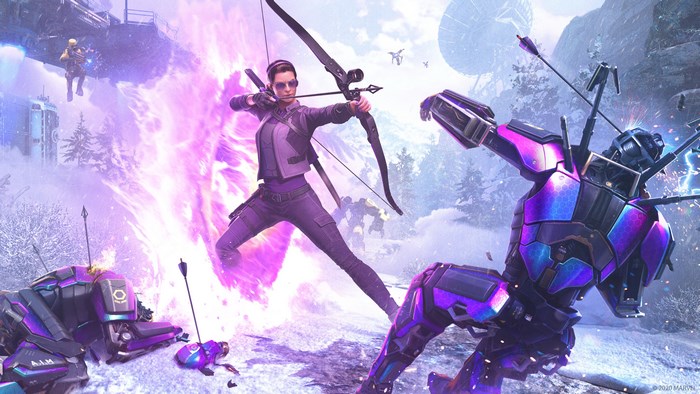 Hawkeye from Marvel's Avengers in a snowy battle
