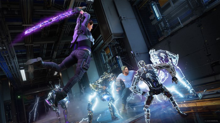 Kamala Khan fighting robots in Marvel's Avengers 4K