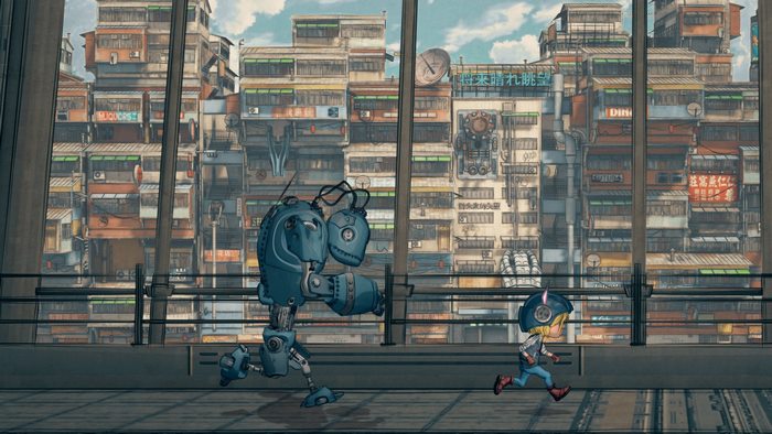 Encodya: A girl and a robot run through a futuristic city