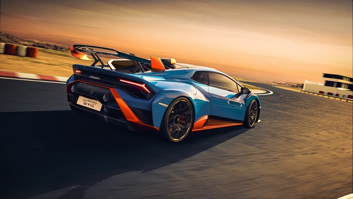 Blue Lamborghini Huracán STO on a race track