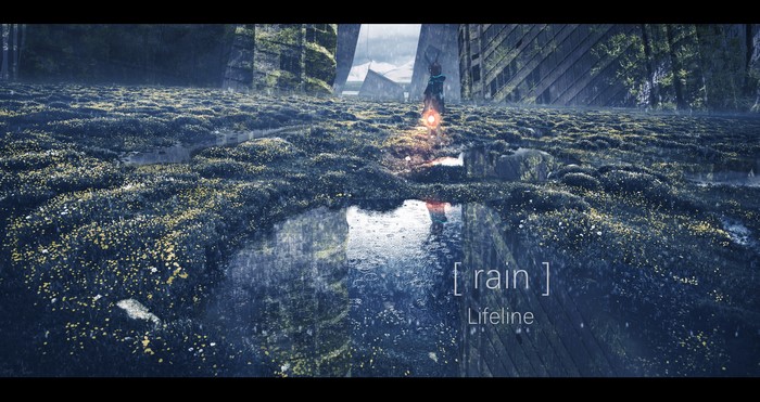 Rainy Cityscape with Figure and Text