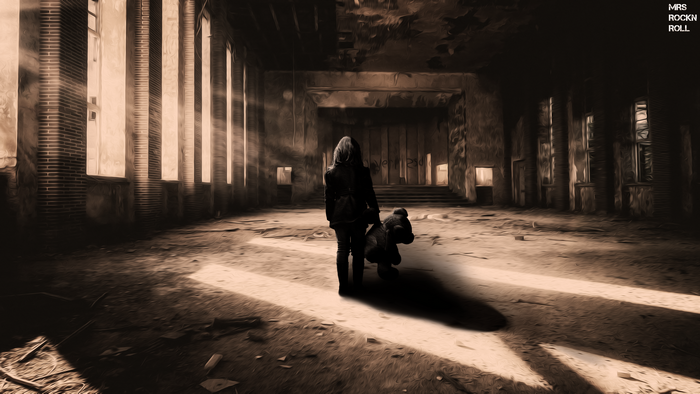 Lonely girl with teddy bear in abandoned building