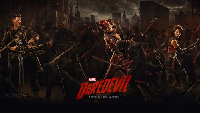 Daredevil, Punisher, and Elektra fighting ninjas