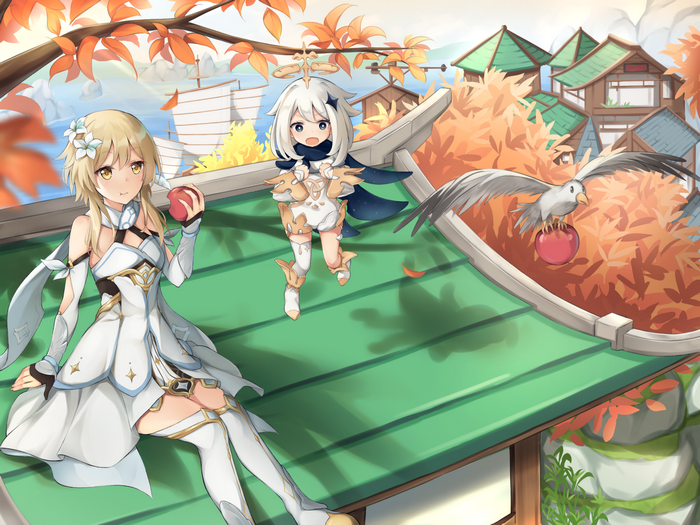 Lumine and Paimon from Genshin Impact on a rooftop