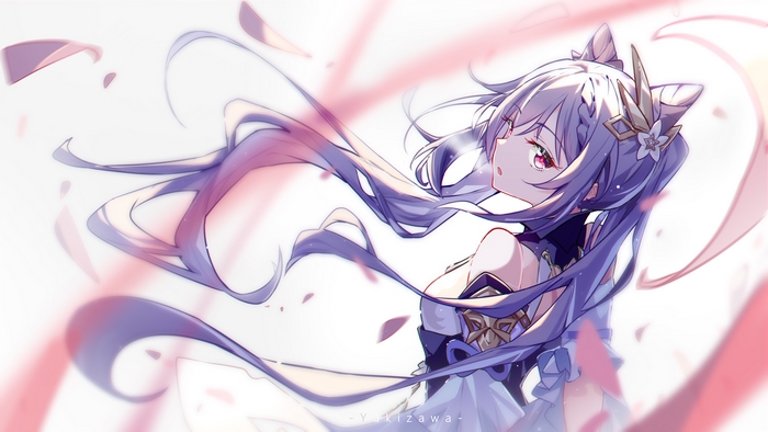 Keqing from Genshin Impact with purple hair and red eyes